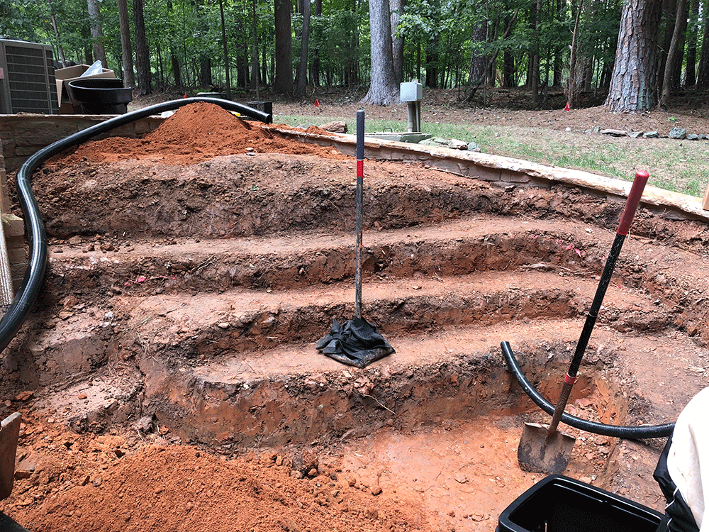 North Carolina pond design and installation -construction and preparation, rock knee wall